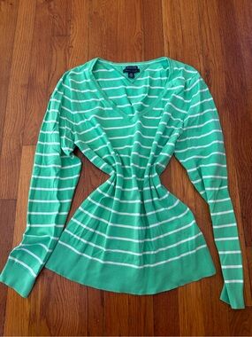 Tommy Hilfiger Mint Green and White Striped V-Neck Sweater